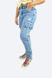 Jeans Tipo Cargo/Camuflado Para Mujer Azul Claro